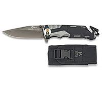 Navaja con insignia ARMADA ESPAÑOLA Gris y Negra K25 Seguridad Hoja 9,4 cm para Caza, Pesca, Camping, Outdoor, Supervivencia y Bushcraft K25 19654GR1037 + Portabotellas de regalo