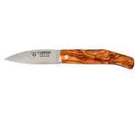 Navaja Cudeman Solsona Delta 344-L Hoja de Acero ACX-380 de 8,5 cm empuñadura de olivo de 11 cm y bloqueo trasero para Caza, Pesca, Supervivencia y bushcraft + Portabotellas Regalo (Con funda)