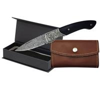 Navaja Damasco 67 Capas | Hoja 7,2 cm, Bloqueo Pistón, Mango Madera Negro, Virola y Forros de Acero | Caja Imantada | Llavero Monedero de Piel Hecho en España para 6 LLaves (Damasco Madera Negra)