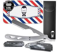 Navaja de Afeitar Hombre - Cuchilla de Afeitar de Barbero - Faca de Barbear Profesional - 20 Medias Cuchillas Dobles con Estuche de Cuero | Kit de Afeitado Clásico para Barba y Bigote (Gris 2)