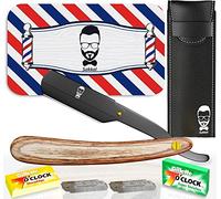 Navaja de Afeitar Hombre - Cuchilla de Afeitar de Barbero - Faca de Barbear Profesional - 20 Medias Cuchillas Dobles con Estuche de Cuero | Kit de Afeitado Clásico para Barba y Bigote (B-Castaño)