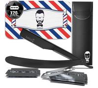 Navaja de Afeitar Hombre - Cuchilla de Afeitar de Barbero - Faca de Barbear Profesional - 20 Medias Cuchillas Dobles con Estuche de Cuero | Kit de Afeitado Clásico para Barba y Bigote (Negro 2)