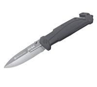 Navaja K-25-18871 - Navaja AH-64, Plegable, Mango de Goma/Negro, Hoja de Acero INOX. Hoja: 9 cm. Incluye Punta rompevidrio, Cutter cinturón de Seguridad, Funda de Nylon