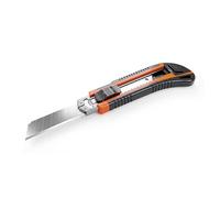 Navaja multiusos retráctil y duradera con mango ergonómico y hoja bloqueable multiposición, incluye dos hojas de repuesto afiladas. Longitud: 17 cm.