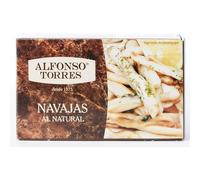 Navajas al natural. Peso Neto 111 gramos. Peso Escurrido 63 gramos. Categoría Gourmet. Con ingredientes 100% Naturales: Navajas, Agua y Sal. Alfonso Torres.