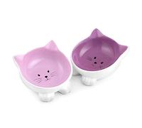 Navaris 2X Cuenco para Mascotas con Forma de Gato - Comedero y Bebedero Doble de cerámica para Perros o Gatos - Inclinados y Antideslizantes - Morado