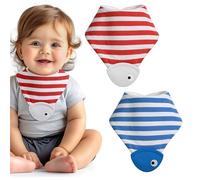 Navaris Babero Bandana para Bebé - Pack 2 con Mordedor de Cabeza de Pez - Tela de Rayas para +2 Meses - Rojo y Azul