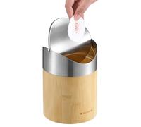 Navaris Bote de basura pequeño de bambú con tapa oscilante de acero inoxidable para un fácil acceso, cubo de escritorio ideal para oficina, baño y encimera de cocina, compacto y fácil de limpiar