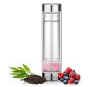 Navaris Botella cuarzo rosa - Botella con infusor de te de 450 ml - Botella con piedras rosas y filtro difusor - Cristales de cuarzo rosa decoración - Con funda de neopreno