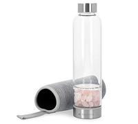 Navaris Botella cuarzo rosa - Botella de agua de cristal de 420 ML con piedras rosas - Cristales de cuarzo rosa decoración - Con funda de neopreno