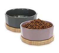 Navaris Comedero y Bebedero para Mascotas - 2X Bol Elevado para Perro Cachorro Gato - Boles de cerámica con Base de Madera para Mascota - Lila y Gris
