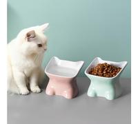 Navaris Comederos Gatos - 2X Comedero Gato Elevado de cerámica - Comedero y Bebedero Doble con Forma de Gatito - Comedero Gatos 120 ml Apto lavavajillas - Color Verde y melocotón