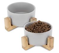 Navaris Comederos para Perros elevados - 2X Comedero de cerámica para Perro y Gatos Cachorros - con Soporte de bambú Antideslizante - en Gris
