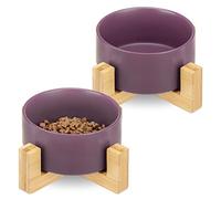 Navaris Comederos para Perros elevados - 2X Comedero de cerámica para Perro y Gatos Cachorros - Platos con Soporte Antideslizante de bambú - Morado