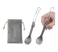 Navaris Cuchara Tenedor 2en1-2x Spork Titanium 2en1 Ultraligero - Tenedor Plegable con Cuchara de Titanio - Cubiertos Acampada Picnic Viaje Senderismo - Con Bolsa de Transporte