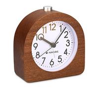 Navaris Despertador Analógico de Madera - Reloj Despertador Madera con Pilas y Función Snooze - Reloj Mesa de Noche Diseño Retro y Silencioso Sin Tic TAC - Esfera Blanca