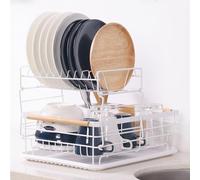 Navaris Escurreplatos Grande con Bandeja - Doble con Cesto para Cubiertos - Para Secar Tazas, Vasos, Ollas y Copas - 43 x 32 x 29 cm - Blanco
