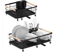 Navaris Escurreplatos Plegable - Escurreplatos Acero Inoxidable Extensible con Cesto para Cubiertos y Bandeja - Escurridor de Platos para Fregadero Negro - 30 x 30,4 x 14,5 cm