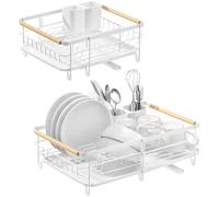 Navaris Escurreplatos Plegable - Escurreplatos Acero Inoxidable Extensible con Cesto para Cubiertos y Bandeja - Escurridor de Platos para Fregadero Blanco - 30 x 30,4 x 14,5 cm