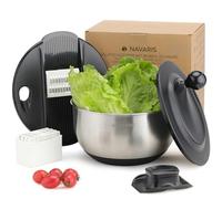 Navaris Escurridor de Ensaladas con Tapa - Escurridor de Ensaladas de Acero Inoxidable - Secador de Ensaladas - Facil de Lavar Secar y Centrifugar - con Rallador y Discos Cortantes