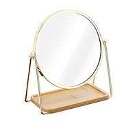 Navaris Espejo de Mesa Redondo - Espejo Doble Cara con Aumento 2X y 1x para tocador baño Mesa - Base de Bandeja bambú para Maquillaje Joyas - Dorado