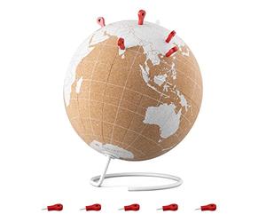 Navaris Globo terráqueo de Corcho - Globo del Mundo con 10x Chinchetas Rojas - Bola del Mundo de Corcho de 20 cm - Planeta Tierra Mapa Mundi Bola para Niños Escritorio- Blanco