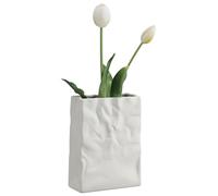 Navaris Jarron blanco decoracion - Florero minimalista de cerámica - Jarrones decorativos modernos para hogar - Jarrón bolsa de papel arrugado - 14,5 x 6,5 x 20 cm