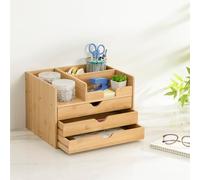 Navaris Organizador Escritorio de Bambú - Organizador de Mesa 22,5 x 34 x 26 cm con 3x Cajones - Para Material Oficina Manualidades Bricolaje