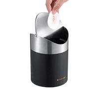 Navaris Papelera - Mini cubo de basura para baño y cocina - Cubo resistente y ahorra espacio - Cubo de basura de mesa pequeño - de bambú con tapa oscilante - Negro