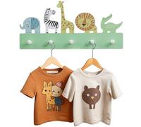 Navaris Perchero de pared infantil - Colgador verde de madera con 5x percha para colgar abrigos chaquetas - Percheros infantiles de animales de safari - 44 x 19 x 4 cm