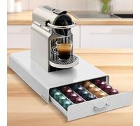 Navaris Porta capsulas - Dispensador capsulas Compatible con Nespresso y Tassimo - Blanco con cajón y Soporte para cafetera - Organizador capsulas para 50x cápsula