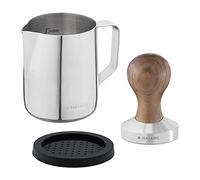Navaris Prensador de café 51 MM - Set de 1x Tamper 1x Alfombrilla y 1x Jarra para Leche - Pisón de Madera y Acero Inoxidable para prensar Espresso