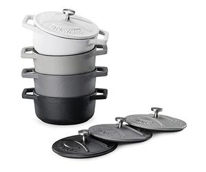 Navaris Set de Cacerolas de Hierro Fundido - 4X Mini Cazuela Cacerola Esmaltada de 290 ml - Set de Cazuelitas Individuales Cocotte con Tapa Aptas para Horno y Lavavajillas