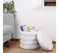 Navaris Taburete Almacenaje con Tapa - Taburete con Almacenaje Acolchado de Bouclé 40 x 37 cm - Puff Taburete Reposapies Salon - Silla Otomana Puf Almacenaje Blanco Crema de Felpa