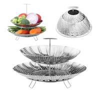 Navaris Vaporera Cocinar Vapor - Vaporera Acero Inoxidable 26,5 cm de 2 Niveles con Asa - Cesta Vaporera para Cocinar al Vapor Verduras Carne Pescado - Cocina al Vapor Saludable