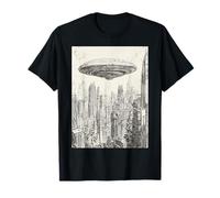 Nave espacial alienígena flotando sobre un horizonte urbano tranquilo Camiseta