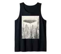 Nave espacial alienígena flotando sobre un horizonte urbano tranquilo Camiseta sin Mangas