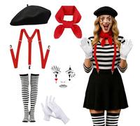 NAVESO Disfraz Mimo Mujer, Disfraz De Mimo Adulto avec Béret, écharpe, Bretelles, Gants, Tatouage et Chaussettes, Costume De Clown pour Carnaval, Halloween Ou Soirée à Thème