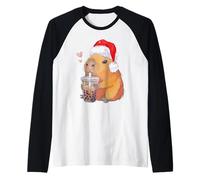 Navidad Capybara Bubble Tea Boba Santa Capibara Navidad Niños Camiseta Manga Raglan