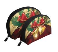 Navidad Cinta Roja Campanas Doradas, Bolsa de Maquillaje de Concha, Monedero pequeño para Mujer, Bolsa de artículos de tocador, Bolsa de cosméticos, 2 Piezas