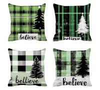 Navidad DecoracióN Funda Cojin 40x40cm Lino Juego De 4 Creer, Cuadrado Verde Fundas Cojines, Funda Almohada Invierno, Home Decoration Cojines Sofa, con Cremallera Oculta, Lavable A MáQuina Q-493