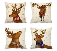 Navidad DecoracióN Funda Cojin 70x70cm Lino Juego De 4 Renos, Cuadrado marrón Fundas Cojines, Funda Almohada Invierno, Home Decoration Cojines Sofa, con Cremallera Oculta, Lavable A MáQuina Q-608