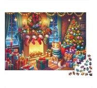 Navidad Gato Chimenea Rompecabezas 1000 Piezas, Cartón Grueso Reciclado Premium, Adultos Y Niños 8-12,Cozy Fireplace Christmas Decoración Mural Hogareña, Rompecabezas Educativo 70x50cm/1000pcs