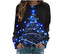 Navidad Jersey Mujer Camiseta Manga Larga Sudaderas Cuello Redondo Árbol de Navidad Estampado Elegante Camisa Fiesta Tops T-Shirt Original Xmas Suéter Blusa Christmas