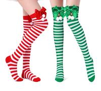 Navidad Largas Medias, 2 PCS Calcetines Largos Mujer, Calcetines Hasta la Rodilla de Navidad con Lazo y Papá Noel, Rojo y Verde Calcetines Largos Navideño, para Temática Navideña de Invierno (A)