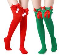Navidad Largas Medias, 2 PCS Calcetines Largos Mujer, Calcetines Hasta la Rodilla de Navidad con Lazo y Papá Noel, Rojo y Verde Calcetines Largos Navideño, para Temática Navideña de Invierno (C)