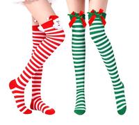 Navidad Largas Medias, 2 PCS Calcetines Largos Mujer, Calcetines Hasta la Rodilla de Navidad con Lazo y Papá Noel, Rojo y Verde Calcetines Largos Navideño, para Temática Navideña de Invierno (B)