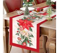Navidad Mantel Mesa Rojo 230x33cm, Poliéster Decoración Hogar, Estampado Flores Rojas Ramas Pino, Centro Mesa Navidad 2025