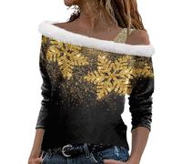 Navidad mujeres manga larga impresión felpa fuera del hombro tirantes manga larga camiseta top blusa túnica blusa blanca con rayas negras, dorado, M