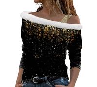 Navidad mujeres manga larga impresión felpa fuera del hombro tirantes manga larga camiseta top blusa túnica blusa blanca con rayas negras, Negro , XL